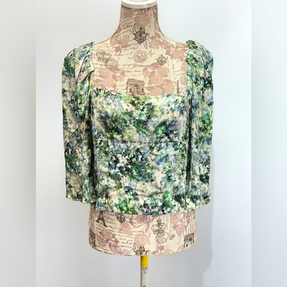 VINCE Green and blue floral print puff sleeve square neck top size 4 - Picture 3 of 15